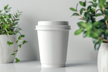 Aerial Coffee Cup Mockup. Clean Blank Branding Container for Hot Drinks with Copy Space and Closeup View