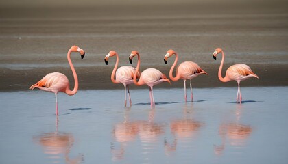 A Group Of Flamingos Foraging In Shallow Water Upscaled 2