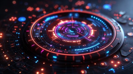 An intricate tech interface with glowing neon lines and Hud futuristic circuitry, showcasing advanced digital technology.