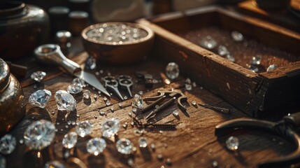 The jeweler's working desk, featuring a close-up of goldsmith's tools and diamonds, providing insight into the meticulous craft of jewelry making