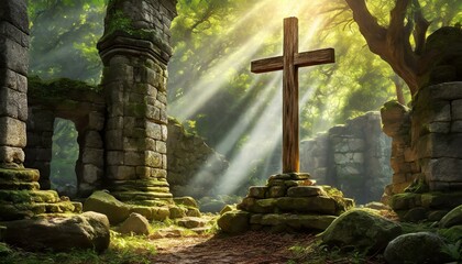 Wooden Cross Amidst Ancient Ruins in the Forest - obrazy, fototapety, plakaty