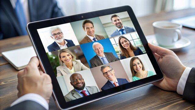 Close-up of a digital tablet depicting a virtual business conference