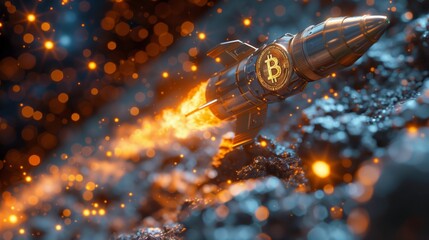 Bitcoin coin topped with a golden rocket vividly represents the cryptocurrency's soaring price, evoking the popular sentiment of it going to the moon.