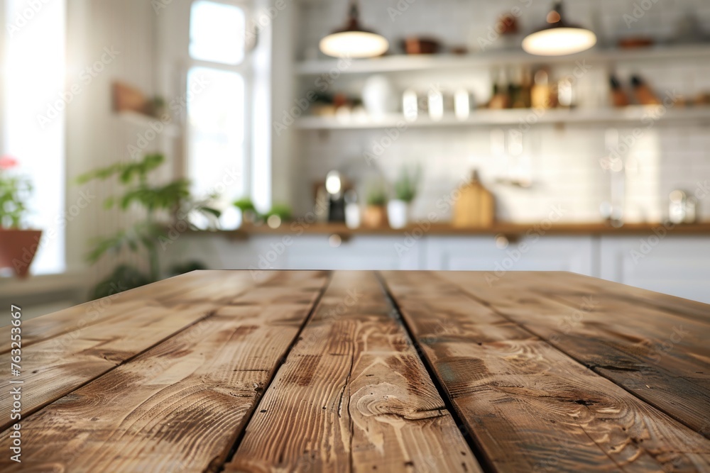 Poster defocused kitchen table with bokeh style light. bright empty tabletop background for copy space