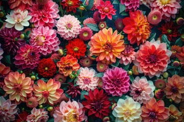 Dahlias in Full Bloom: A Beautiful Floral Summer Background overflowing with Nature's Bounty - obrazy, fototapety, plakaty