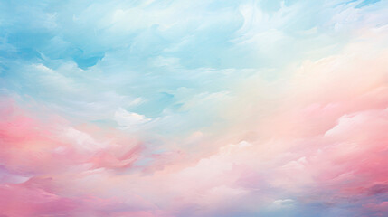 A painting depicting pink and blue clouds swirling in the sky, creating a dynamic and colorful atmospheric display. Tenderness and romance. Abstract background. Banner. Copy space