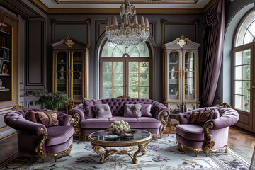 Designer furniture with gold elements in pale lilac tones in a luxurious room