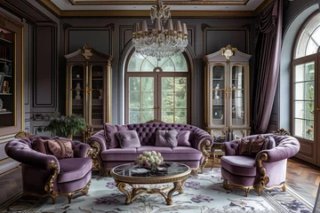 Foto op Plexiglas Designer furniture with gold elements in pale lilac tones in a luxurious room © kazakova0684
