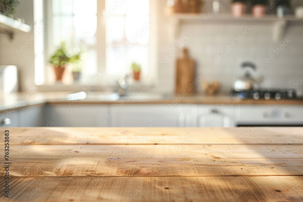 Poster empty tabletop in blurred kitchen background. copy space on table. bokeh light style with bright set