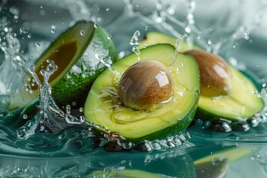 Fresh Avocado Halves Splashing in Water on a Teal Background - Vibrant Color Food Photography