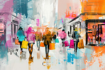 Drawing woman shopping at street shopping mall abstract background. Generative ai.