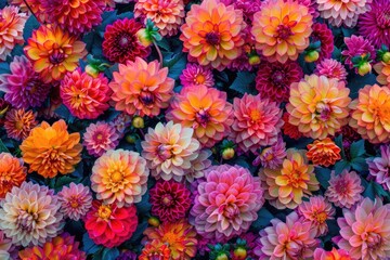 Full Summer Bloom: Many Beautiful Dahlia Flowers on Floral Background. Nature's Colorful Blossoming Blossom - obrazy, fototapety, plakaty