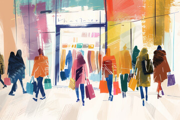 Drawing woman shopping at street shopping mall abstract background. Generative ai. - 763254068