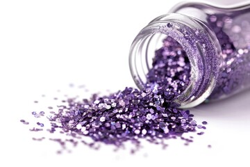Obraz na płótnie Canvas Glitter Spill - Macro Shot of Shiny Purple Craft Glitter Spilled from Container, Isolated on White Background