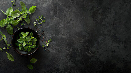professional food photography top down view. herbs , still life, minimal modern design, with empty copy space