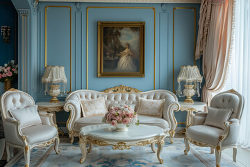 Designer furniture with gold elements in a luxurious room in pastel pink and blue tones