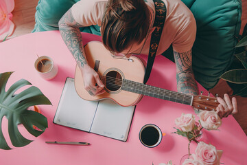 Creative Musician Composing Songs with Guitar and Notebook - Banner