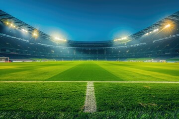 Obraz premium Green Grass Football Stadium Background with Bright Lights and Field Activity for Soccer or Football Goal Display