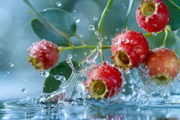 Fresh Dewy Red Berries Splashed with Water Droplets on Crisp Blue Background with Green Foliage - obrazy, fototapety, plakaty