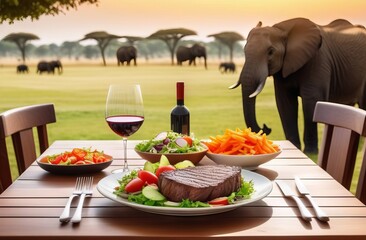 Dinner in safari park with walking elephants - 763254437