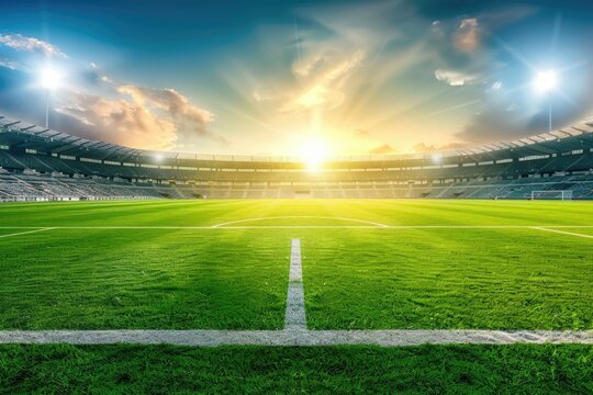 Green Light Football Stadium Background. Green grass field with stadium lights in the background. The perfect background for a soccer game or football activity