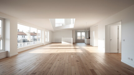 Fototapeta premium A large, empty room with a lot of windows and a staircase. The room is very spacious and has a lot of natural light coming in from the windows. The wooden floors give the room a warm and inviting feel