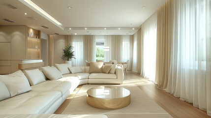 modern living room design with white leather sofas, beige curtains, glass and gold coffee table and light wooden parquet