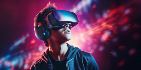 A teenager wearing VR headset, playing with his goggles, ready for a game in a futuristic cyber world - Virtual reality, innovation and new technology abstract concept - obrazy, fototapety, plakaty