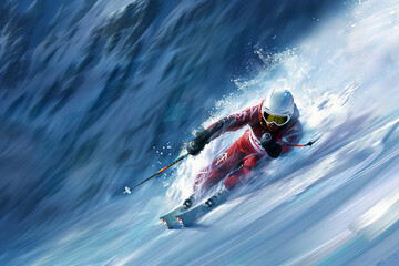 Intense Downhill Ski Race: Extreme Winter Sport Action Thrills Banner - obrazy, fototapety, plakaty