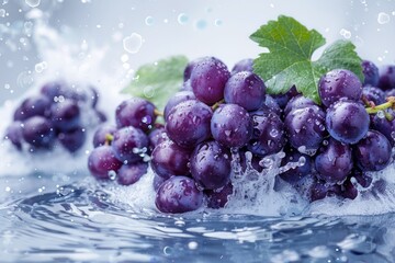 Fresh Purple Grapes Splashing in Water with Bubbles and Green Leaves - Juicy Fruit Concept