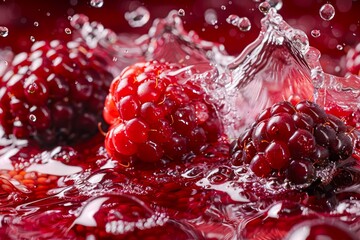 Fresh Raspberries Splashing in Water with Droplets and Red Berries Background, High-Speed Close-Up Photography