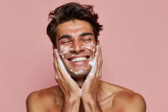 Studio image of a handsome man happily massaging his skin with a facial cleanser, showcasing his dedication to self-care. 