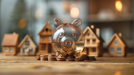 A transparent piggy bank filled with coins stands in focus, with blurred miniature houses in the background, symbolizing home loan real estate investment savings. - obrazy, fototapety, plakaty