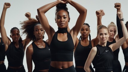 Confident diverse women in black activewear posing with strength