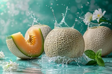 Refreshing Summer Splash with Ripe Cantaloupe Melons, Mint Leaves, and Water Droplets on Aqua Background