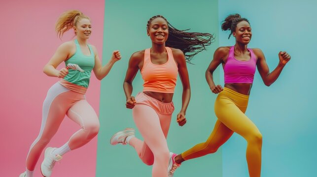 Dynamic group of women running, colorful fitness attire, motion and energy, 200 characters
