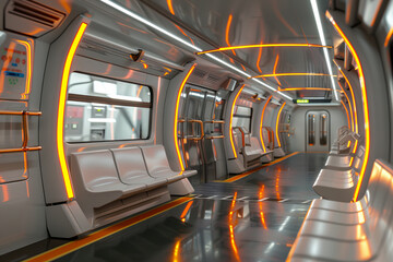 Futuristic Transit: High-Tech Comfort in a Sleek Subway Train Interior Banner - obrazy, fototapety, plakaty