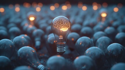 One glowing light bulb with a brain filament stands out in a field of dim, unlit bulbs, symbolizing ideas, innovation, leadership and creativity.
