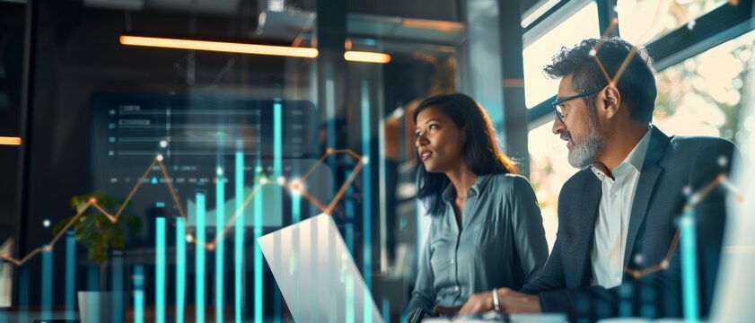 Business colleagues analyzing digital data, modern office, dynamic graph projection