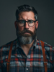 Obraz premium Hipster man with a well-groomed beard and suspenders exudes a vintage vibe in front of a dark background