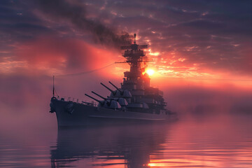 Majestic Warship at Dawn: Reflections of Power in a Misty Sunrise Banner - obrazy, fototapety, plakaty