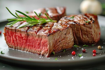 A piece of meat with a rosemary sprig on top. The meat is cooked and has a nice sear