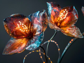 Luminous mechanical delicate flowers on a dark background