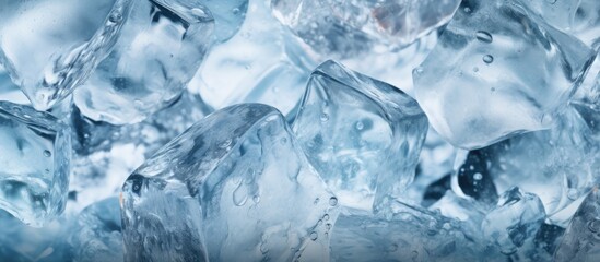 A close up of a stack of ice cubes on a table, glistening with an electric blue hue. The frozen water displays a mesmerizing pattern resembling snowflakes, with a touch of frost on the surface