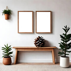 Empty wood frame mockup in the living room, rustic wood bench, green plant in ceramic vase pots