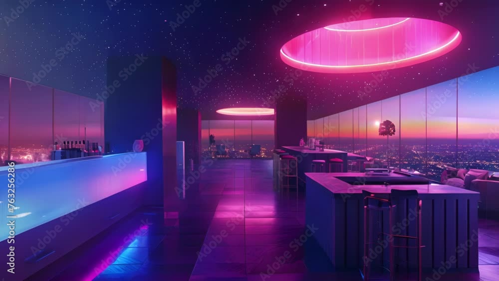 Poster illuminated by neon lights and floating in the clouds a chic rooftop bar beckons with its sleek desi