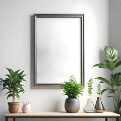 Empty frame mockup on white wall, room interior background, 3d rendering