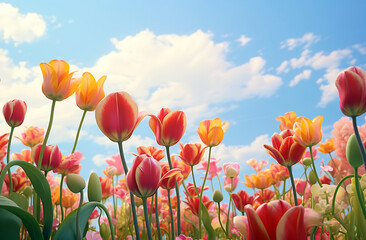 Obraz premium Colorful tulips in field under blue sky