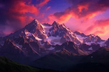 Foto auf Acrylglas  A breathtaking sunset paints the sky in hues of orange, pink, and purple, casting a warm glow over the rugged peaks of the mountains. © h3bs