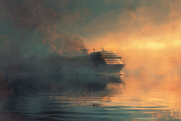 Majestic Cruise Ship Journeying Through Misty Sunrise Sea Banner